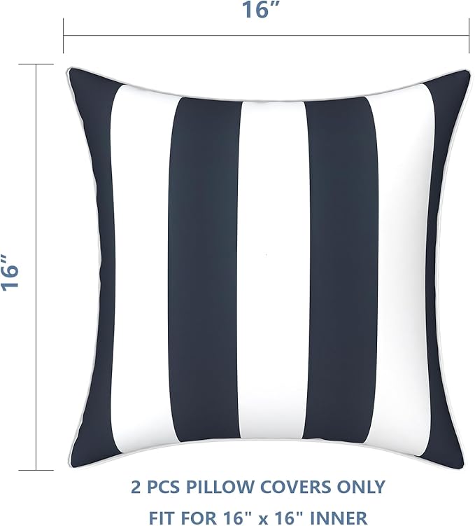 LVTXIII Outdoor Throw Pillow Covers Set of 2, Patio Waterproof Pillow Cases Fade Resistant Accent Pillow Covers for Home and Garden Furniture Decoration, 16x16, Cabana Navy