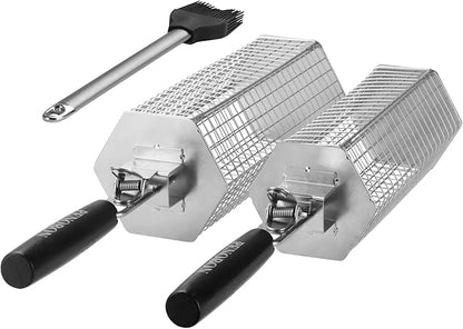 Hexagonal Rolling Grilling Basket Set, 2 PCS Stainless Steel BBQ Grill Baskets with Removable Wooden Handles, Large & Small Nestable Design for Outdoor Camping, Ideal for Vegetables, Meat & Seafood on Gas/Charcoal Grill