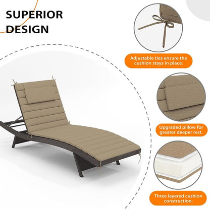 Sundale Outdoor Olefin Quilted Lounge Cushion Set of 4, Patio Foldable Chaise Lounger Cushion, Water-Resistant Lounge Chair Pad with Straps Khaki, 80 x 26 inches