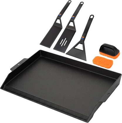 Utheer Griddle Kit, 25" x 16" Pre-Seasoned Cast Iron Flat Top Griddle with 5-Piece Scratch-Free Silicone Tools, Universal Grill Griddle for Gas Grill & Stove Top, BBQ, Camping and Cooking