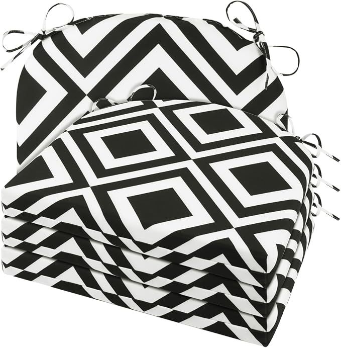 Cozyide Outdoor Chair Cushions, Waterproof Patio Seat Cushions with Adjustable Straps, Round Corner Patio Chair Cushions for Garden, Black Geometry, 17x16x2 Inch (Pack of 4)