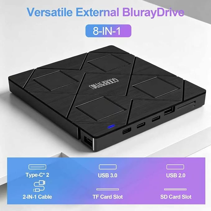 External blu ray Drive,8-in-1External blueray/DVD Drive for pc | Featuring USB*2 /C*2,TF/SD Card Reader blu ray Burner,Compatible with Windows 11/10/ 8/7/,Mac os. Comes with 1+4 Storage Bag
