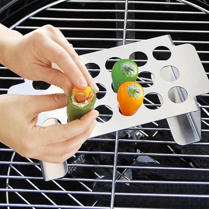 Jalapeno Grill Rack with Handle and Chili Pepper Corer Tool, Pepper Rack and Tray, 18 Holes Stainless Steel Drumstick Chicken Wings Roaster for BBQ Smoker and Oven(COLOR:Silver)