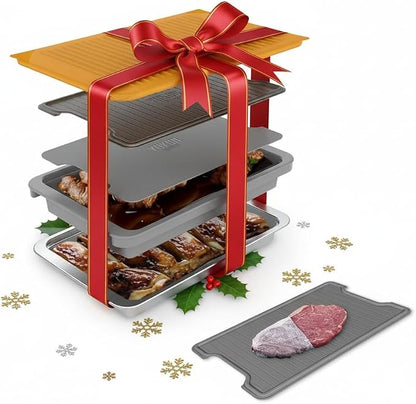 5-Piece BBQ Prep and Serve Set with Marinade Tray | Stainless serving tray, aluminum defrost board, cutting board, snap-on lid, marinade tray.
