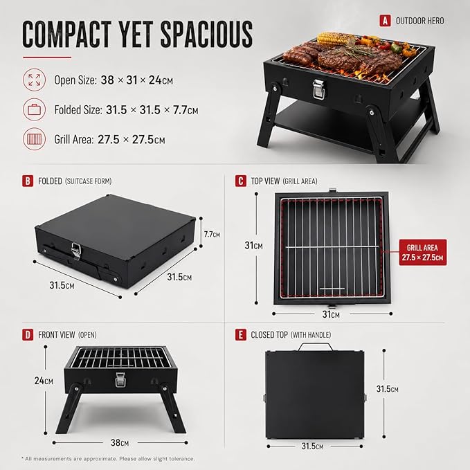 Small Portable BBQ Charcoal Grill: Mini Foldable Table Top Barbecue Grills for Outdoor Cooking, Camping, Beach, Travel, Tailgates, Fathers Day Birthday Grilling Gift for Men Dad Husband
