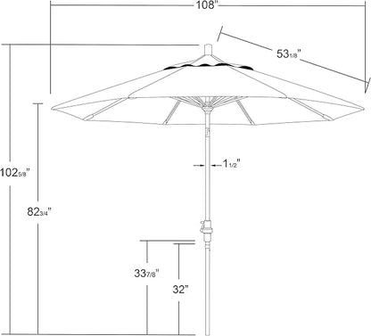 California Umbrella 9' Round Aluminum Market Umbrella, Crank Lift, Collar Tilt, White Pole, Royal Blue Olefin