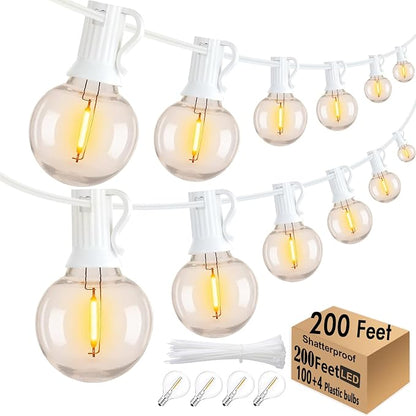 200Ft White String Lights for Outside Patio Light Waterproof with 104 Bulbs | 2200K Warm White,White Cord,Linkable bistro lights outdoor for Wedding Pergola Porch Backyard
