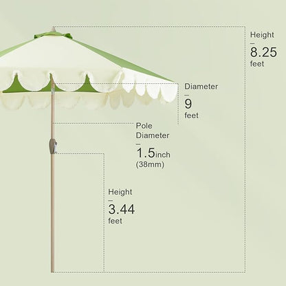 Tempera 9ft Scalloped Patio Umbrellas with Fringe, Market Umbrellas with Water-Resistant and Fade Resistant Canopy, 1.5" Wood Pole & Button Tilt.
