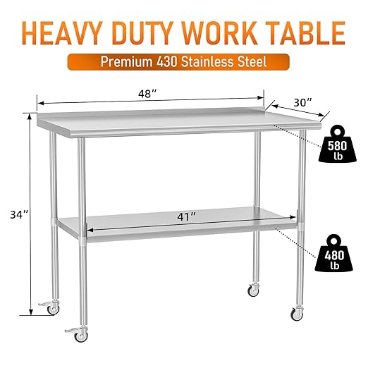 Stainless Steel Prep Table 30" X 48" with Adjustable Undershelf, Backsplash and Wheels, Commercial Metal Workstations for Kitchen, Garage, Outdoor BBQ