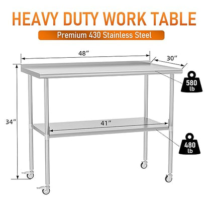 Stainless Steel Prep Table 30" X 48" with Adjustable Undershelf, Backsplash and Wheels, Commercial Metal Workstations for Kitchen, Garage, Outdoor BBQ