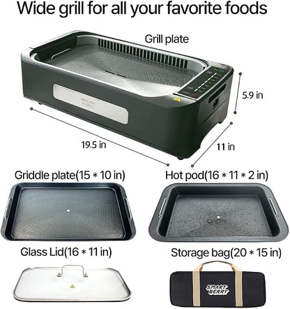 SMART BERRY 3 in 1 Smokeless Electric Indoor Grill, Nonstick Grill/Griddle Plates, hot pot, Glass Lid, Portable Korean BBQ Grill with 7-Level Control, HOT POT set Black