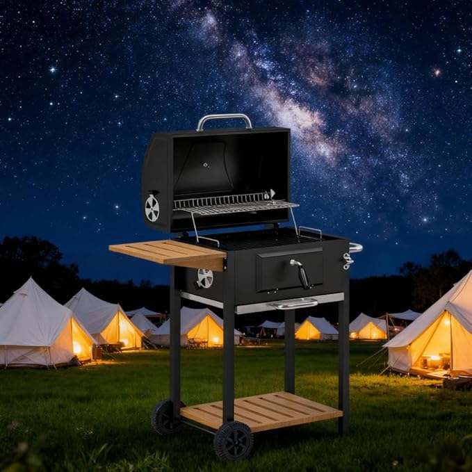 Outdoor Grills & Smokers: Portable Camping Charcoal Grill Cooking Barbecue with Thermometer, Side Shelves, and Ash Pan for Backyard BBQ,A3
