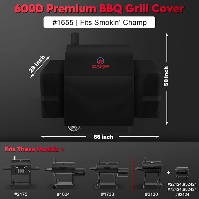 Comnova Grill Cover for Char Griller Smokin' Champ with Side Fire Box - 600D Waterproof Grill Cover Fits Smokin Champ 1624, Offset Smoker 1733, Blazer 2130, Classic 2175 Models - 66"L x 29"W x 50"H