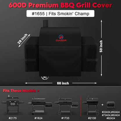 Comnova Grill Cover for Char Griller Smokin' Champ with Side Fire Box - 600D Waterproof Grill Cover Fits Smokin Champ 1624, Offset Smoker 1733, Blazer 2130, Classic 2175 Models - 66"L x 29"W x 50"H