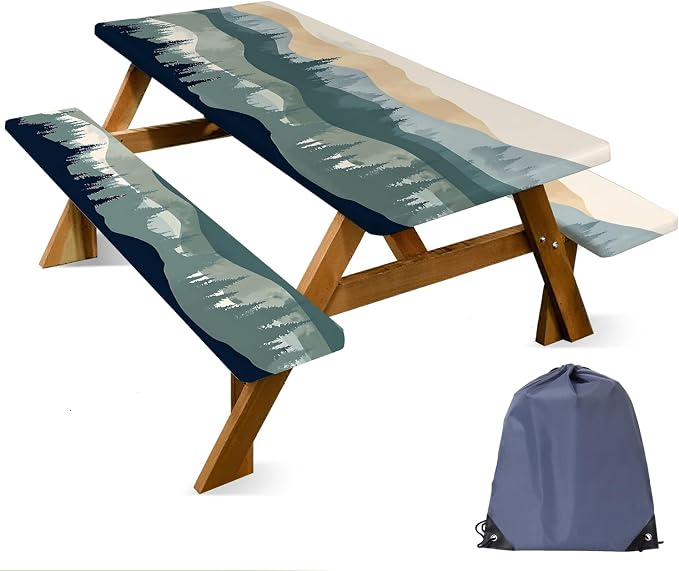 FOREVER QUEEN Picnic Table Cover with Bench Covers 72in,Waterproof Windproof Fitted Tablecloth,Mountain Forest Landscape Print Camping Essentials with Drawstring Bag for Patio,Park & Backyard