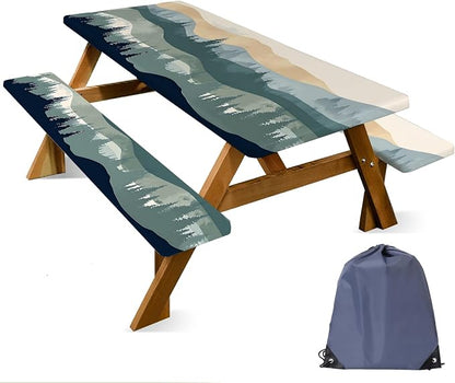 FOREVER QUEEN Picnic Table Cover with Bench Covers 72in,Waterproof Windproof Fitted Tablecloth,Mountain Forest Landscape Print Camping Essentials with Drawstring Bag for Patio,Park & Backyard