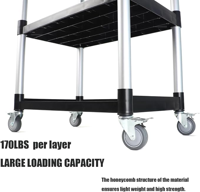 3-Tier Rolling Utility Cart with Wheels,4 Lockable Casters, Plastic Service Cart with 510lbs Capacity, Commercial Service Cart on Wheels for Restaurant/Office/Warehouse/Kitchen/School, Black