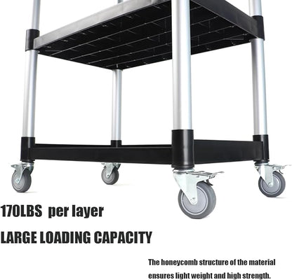 3-Tier Rolling Utility Cart with Wheels,4 Lockable Casters, Plastic Service Cart with 510lbs Capacity, Commercial Service Cart on Wheels for Restaurant/Office/Warehouse/Kitchen/School, Black