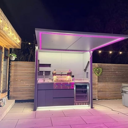 Modern Modular Outdoor Kitchen Island with Retractable Roof Cover, Built-in BBQ Grill Station, Mobile Outdoor BBQ Cooking Station for Backyard Patio Garden