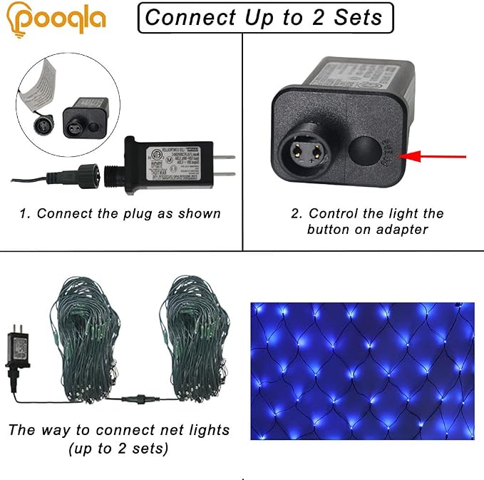 Pooqla Blue Net Lights, 15x 5ft Christmas Bush Lights Outdoor Green Wire | 300 LED Large Net Mesh Lights Plug in, 8 Modes Waterproof Connectable Bushes Lights for Halloween Hedge Yard Decor