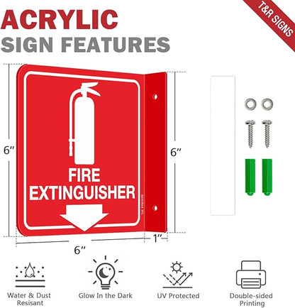 T&R Fire Extinguisher Sign, Fire Extinguisher with Down Arrow - 4 Pack - 6 x 6 Inches Glow-In-The-Dark Acrylic, 2 pre-drilled holes, Includes Matching Screws, Use for Home Office/Business