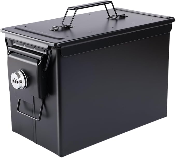 50 Cal Ammo Can&Ammo Box, Fireproof & Waterproof Metal Storage Box - Perfect for Ammo, Lithium Batteries & RC Car Batteries (Round Lock, Black-13.6 * 7.3 * 8.6")