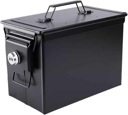 50 Cal Ammo Can&Ammo Box, Fireproof & Waterproof Metal Storage Box - Perfect for Ammo, Lithium Batteries & RC Car Batteries (Round Lock, Black-13.6 * 7.3 * 8.6")