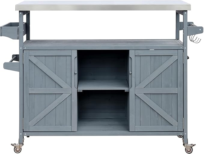 Ball & Cast Outdoor Kitchen Island,Rolling Bar Cart & Storage Cabinet,Farmhouse Solid Wood Outdoor Grill Table with Stainless Steel Top,Spice and Towel Rack,for Kitchen,Barbecue,Grey+Blue,50.25"