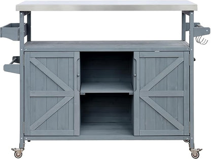 LUMISOL Outdoor Grill Cart with Stainless Steel Top, Farmhouse Solid Wood Kitchen Island with Storage Rack, Outdoor Rolling Bar Cart & Storage Cabinet with Spice & Towel Rack, Grey Blue