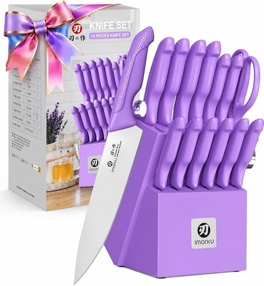 imarku 14-Piece Purple Knife Set with Block – Glides Through Meat, Fish, Veggies & Bread – Standout Color for Stylish Kitchens – Built-in Sharpener – Elegant Gift for Mom, Wife, and Yourself