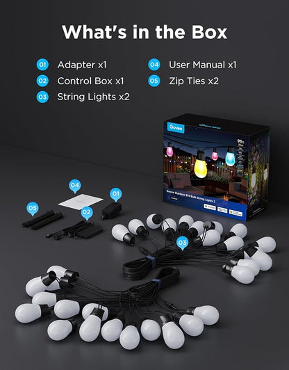 Govee S14 Bulb Outdoor String Lights 2, 96ft RGBICWW, 30 LED Bulbs, IP66 (Pack of 2)