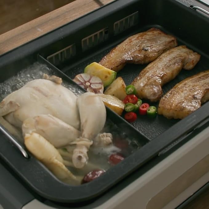 SMART BERRY 3 in 1 Smokeless Electric Indoor Grill, Nonstick Grill/Griddle Plates, Jjamjjapan, Glass Lid, Portable Korean BBQ Grill with 7-Level Control (Jjamjjapan set Black)