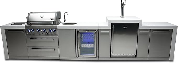 Mont Alpi 168"W Stainless Steel Deluxe Modular Outdoor Kitchen Island with Refrigerator Faucet & Sink + 3 Tap Kegerator Beer Dispenser + 32"W 4-Burner BBQ Grill + Granite Countertops + Storage + Cover