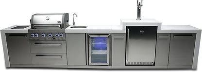 Mont Alpi 168"W Stainless Steel Deluxe Modular Outdoor Kitchen Island with Refrigerator Faucet & Sink + 3 Tap Kegerator Beer Dispenser + 32"W 4-Burner BBQ Grill + Granite Countertops + Storage + Cover