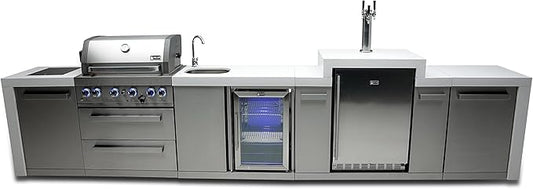Mont Alpi 168"W Stainless Steel Deluxe Modular Outdoor Kitchen Island with Refrigerator Faucet & Sink + 3 Tap Kegerator Beer Dispenser + 32"W 4-Burner BBQ Grill + Granite Countertops + Storage + Cover