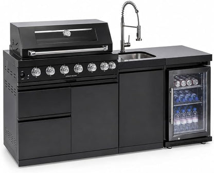 82-Inch Outdoor Kitchen Island, 6-Burner 85,000 BTU Modular Propane Gas Stainless Steel BBQ Grill with Refrigerator, Rotisserie Kit, Stainless Steel Countertop, Storage Cabinets & Drawers, Black