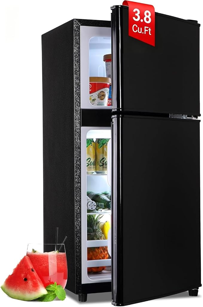 3.8 Cu. Ft Compact Fridge with Freezer, 2 Door Mini Refrigerator | Mini Fridge with Freezer 7 Adjustable Thermostat, Removable Shelves, Compact Fridge for Home, Apartment, Office, Black