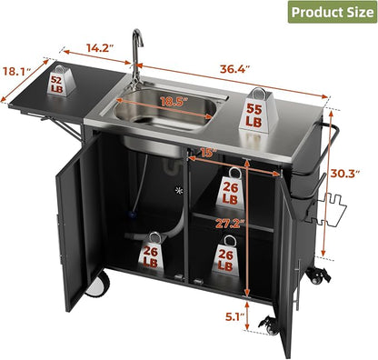 KEIKI Outdoor Grill Table with Sink & Foldable Worktop, 304 Stainless Steel BBQ Cart with Storage Cabinet & Wheels, Outdoor Kitchen Prep Station with Large Basin for Backyard, Garden, Patio