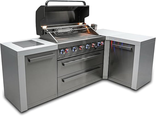 Mont Alpi Premium 94"W x 50"D Deluxe Stainless Steel L-shaped Modular Outdoor Kitchen Island with Infrared Side Burner + 44"W 6-Burner BBQ Gas Grill + Granite Countertops + Storage Cabinets & Drawers