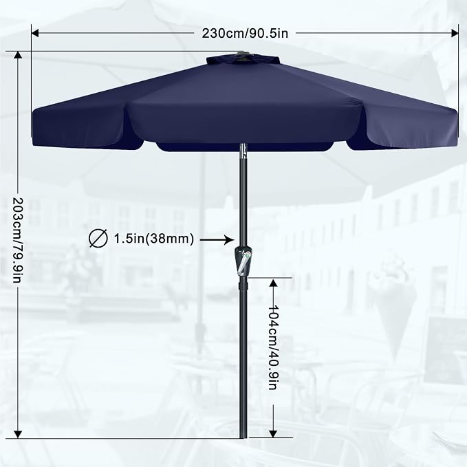 MASTERCANOPY 7.5ft Patio Umbrella with Valance, Crank & Tilt, Navy Blue | 6 ribs, UV/fade-resist, waterproof, vent, for garden/deck/yard/pool