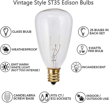 SUNSGNE 25Ft Outdoor String Lights with 27 Edison Bulbs (2 Spare), Waterproof Connectable ST35 String Light for Backyard Porch Balcony Party Decoration, E12 Socket Base, Black Wire