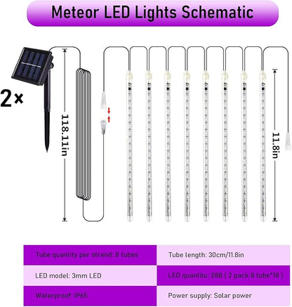 JMEXSUSS 2 Pack Purple Solar Halloween Lights, 16 Tube 288 LED Solar Meteor Shower Rain Lights, Christmas Light Outdoor Waterproof for Tree Halloween Christmas Decorations