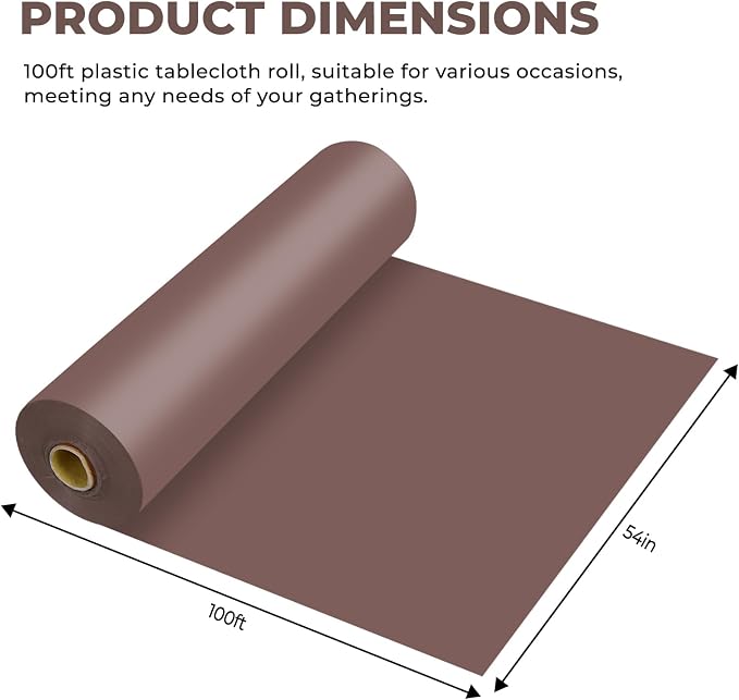 54 Inch X 100 Feet Plastic Table Cover Roll Premium Disposable Plastic Tablecloth for All Type/Shape Tables | Picnic, Party, Banquet, Birthdays, Weddings (Brown, 54 Inch X 100 Feet)