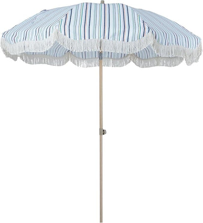 Tempera 7ft Boho Beach & Patio Umbrella with Fringe, Market Umbrellas with UPF 50+ UV & Water-Resistant Canopy, 1.5" Wood Pole & Button Tilt.