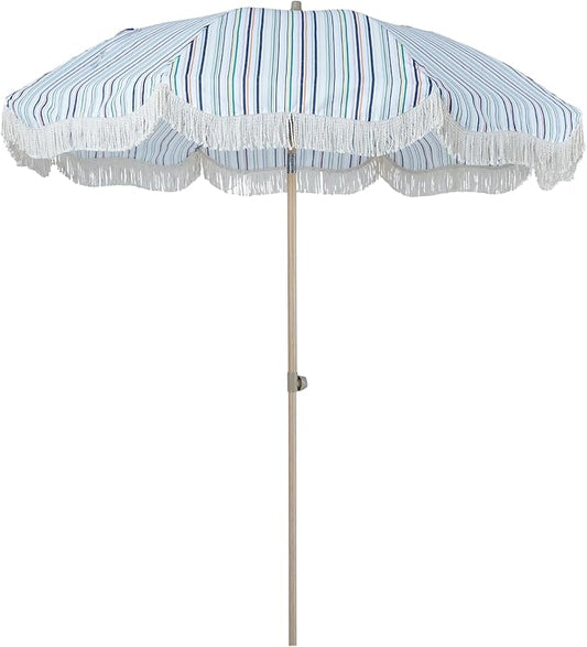 Tempera 7ft Boho Beach & Patio Umbrella with Fringe, Market Umbrellas with UPF 50+ UV & Water-Resistant Canopy, 1.5" Wood Pole & Button Tilt.