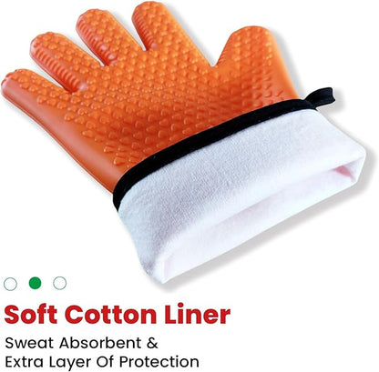 Silicone BBQ Cooking Gloves with Meat Smoker Guide，Heat Resistant Oven Mitts with Fingers，Long Protective Cotton Lined Barbecue Grilling Gloves 1 Pair for Kitchen, Cooking, and Baking Gifts (Orange)