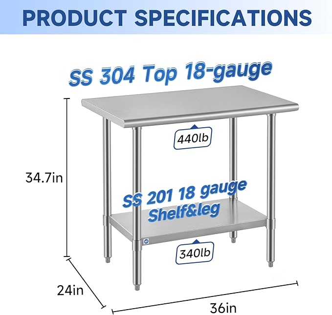 ROCKPOINT SS304 Top All Stainless Steel Table for Prep & Work 24x36 Inches, NSF Commercial Kitchen Heavy Duty Table with Adjustable Undershelf for Restaurant,Kitchen, Home and Hotel