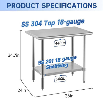 ROCKPOINT SS304 Top All Stainless Steel Table for Prep & Work 24x36 Inches, NSF Commercial Kitchen Heavy Duty Table with Adjustable Undershelf for Restaurant,Kitchen, Home and Hotel