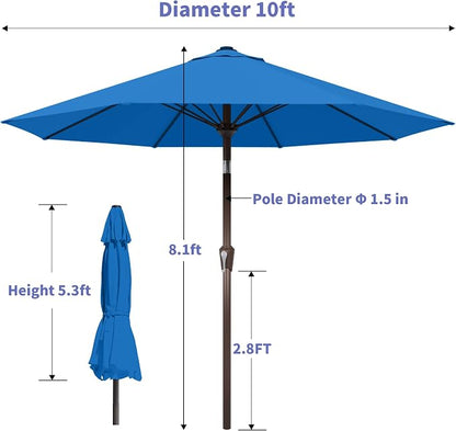 Kingdura 10FT Outdoor Patio Umbrella, Round Market Table Umbrella with Push‑Button Tilt and Crank Lift, 8 Sturdy Metal Ribs, UV50+ Protection Canopy for Backyard, Lawn, Deck, Poolside, Garden (Royal blue)