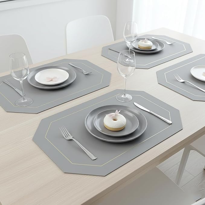 Wipeable Faux Leather Dual Sided Placemats Set of 4,Oil-Proof Table Protective Mats,Heat-Resistant Dining for Kitchen, Indoor Outdoor Use,Grey